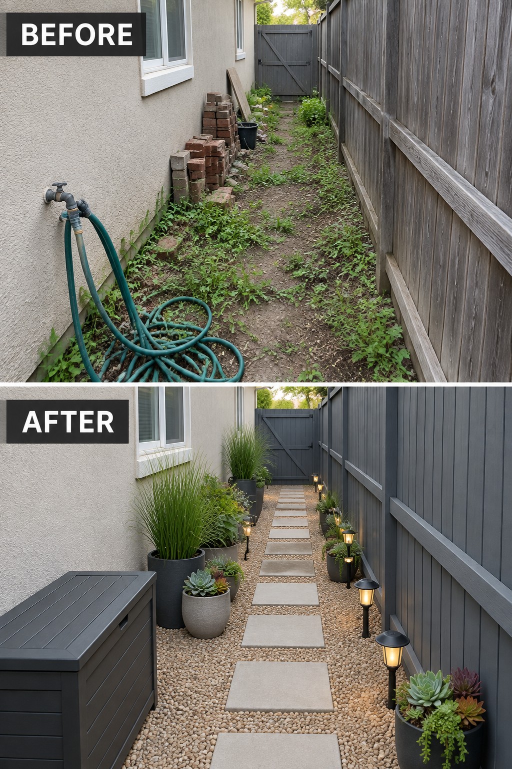 Before-and-after view of side yard transformed with stepping stones, potted plants, and lights.
