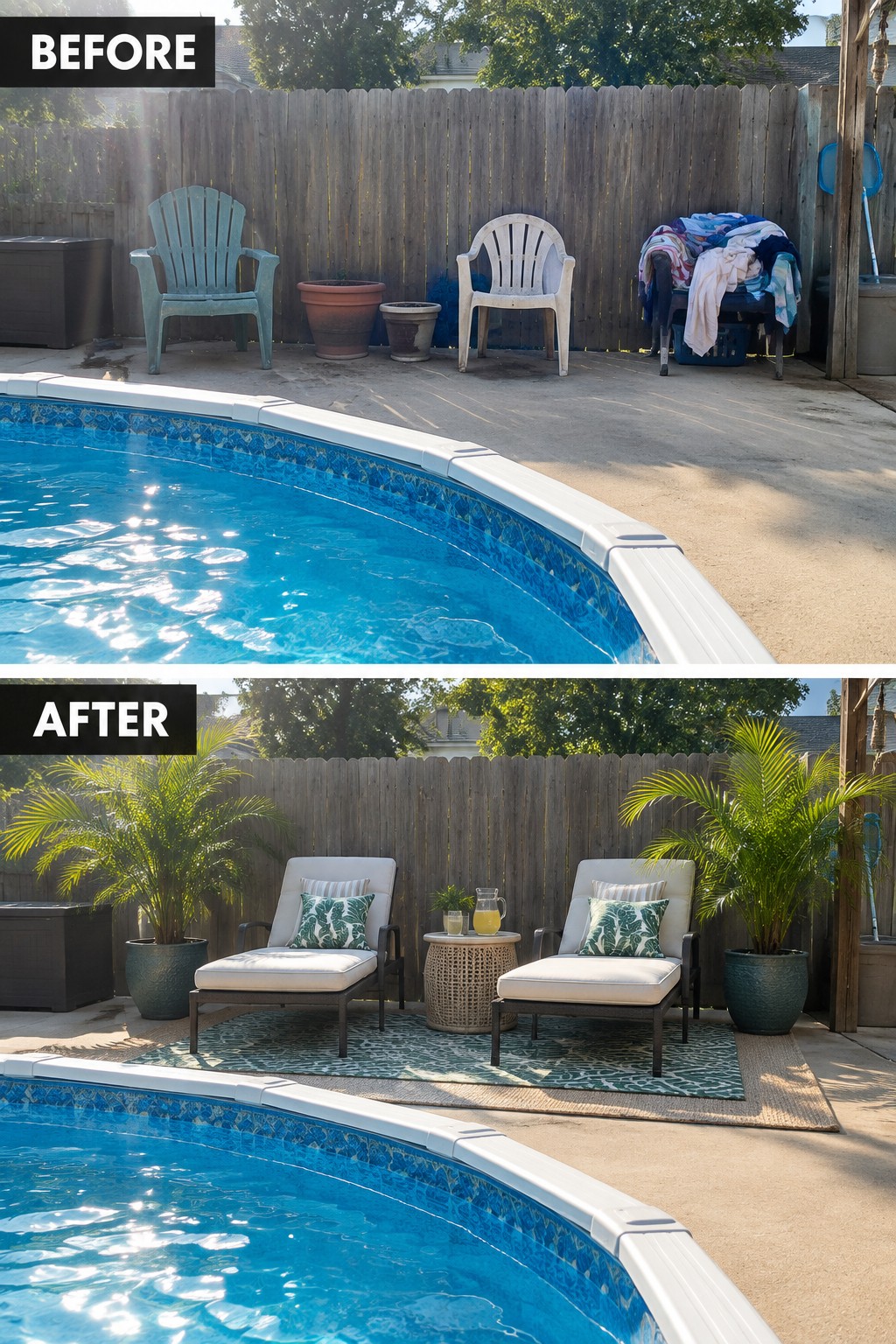Before cluttered pool deck with plastic chairs, after with lounge chairs, rug and palms