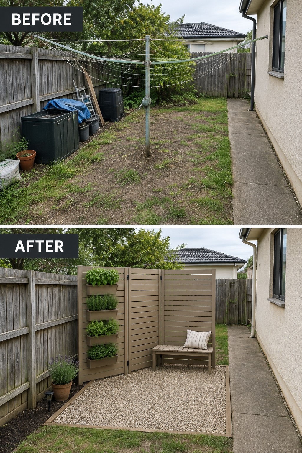 Before and after backyard makeover from cluttered clothesline to tidy gravel patio with bench