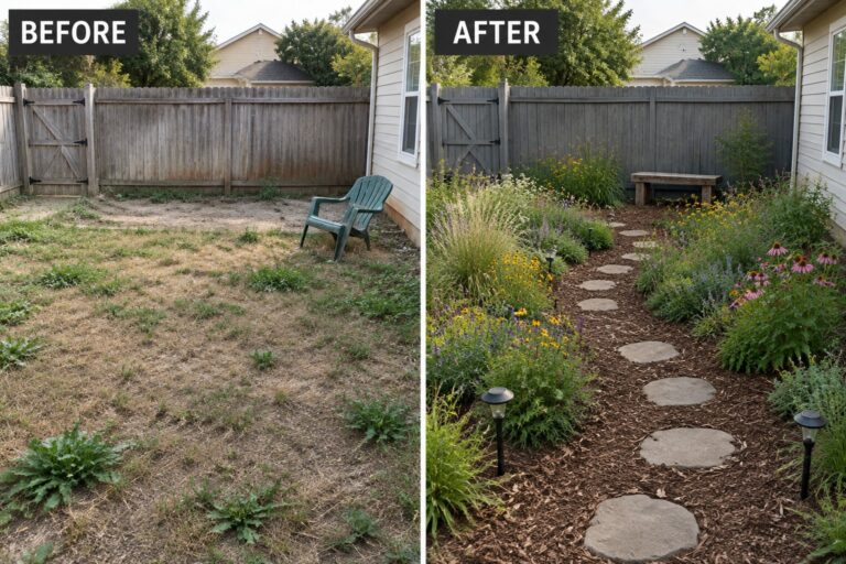 Before-and-after backyard transformation: weedy lawn to colorful garden with path, bench, and flowers