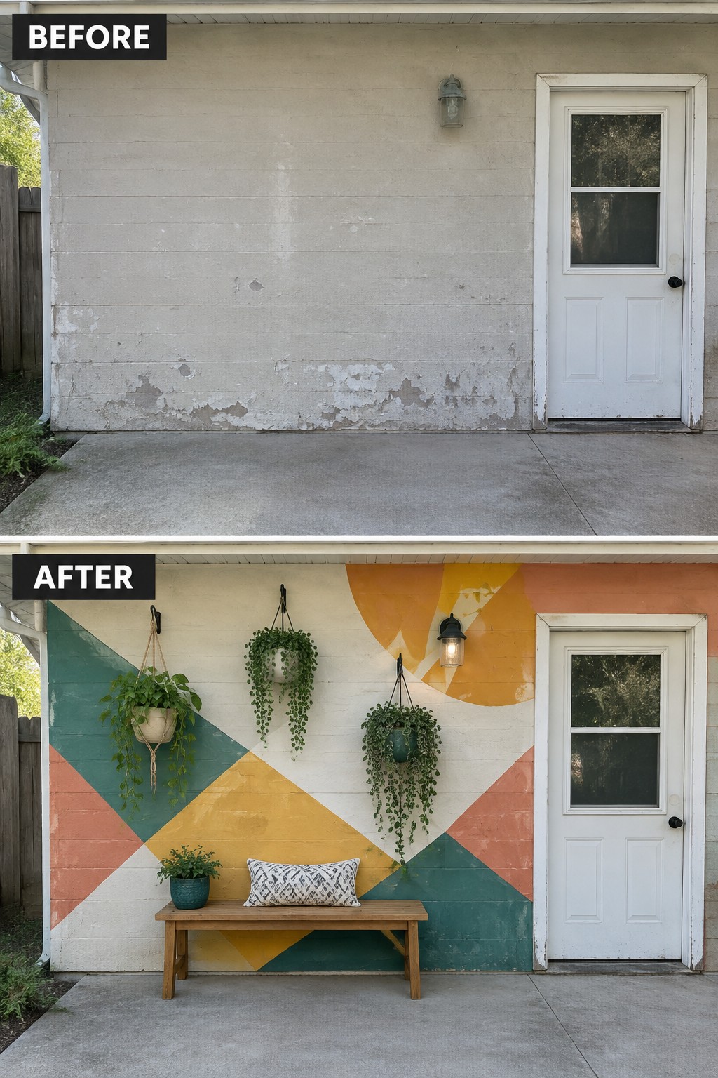 Before and after of exterior wall with colorful geometric mural, bench, and hanging plants.