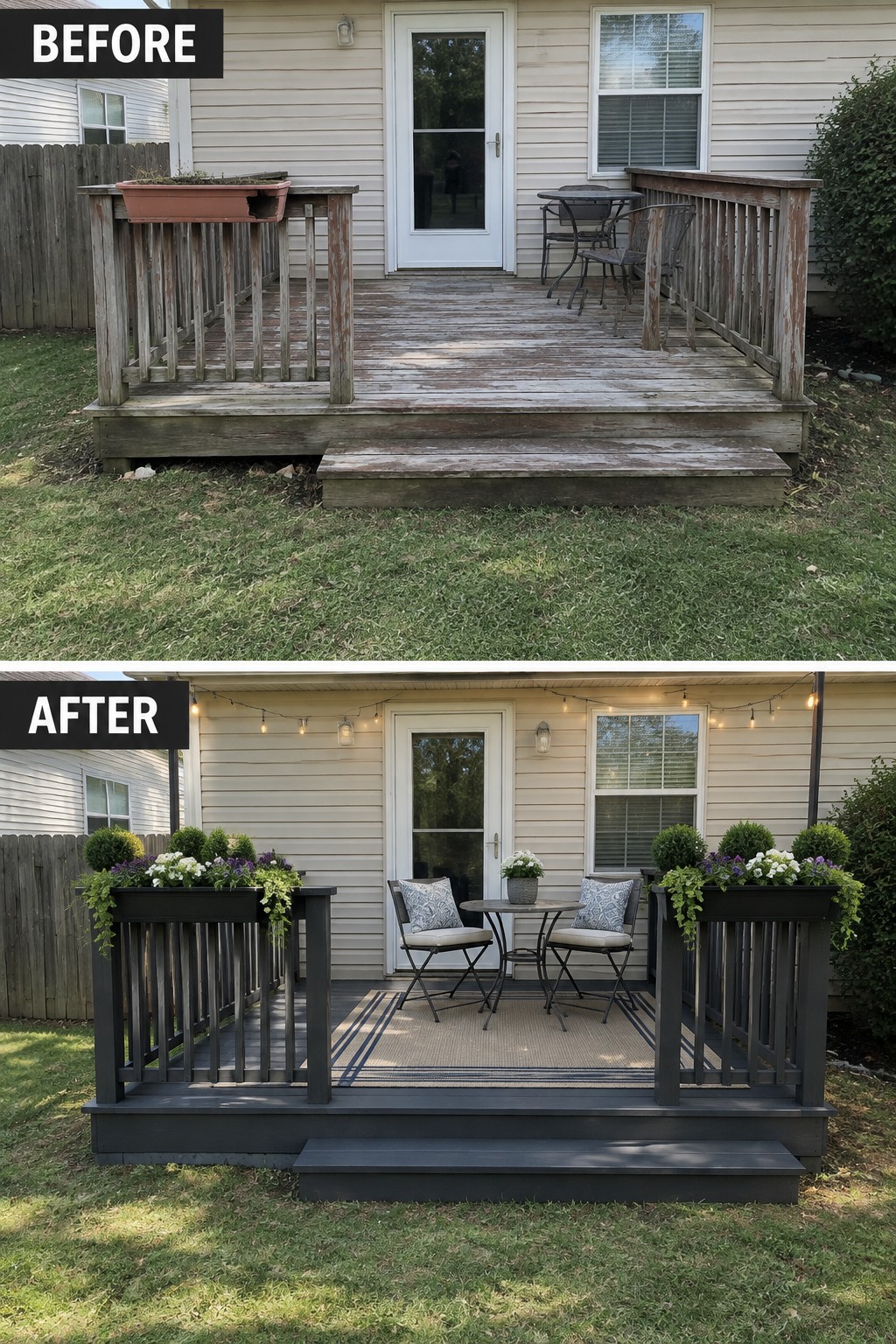 Before weathered wooden deck with broken planter, after dark gray deck with lights and planters