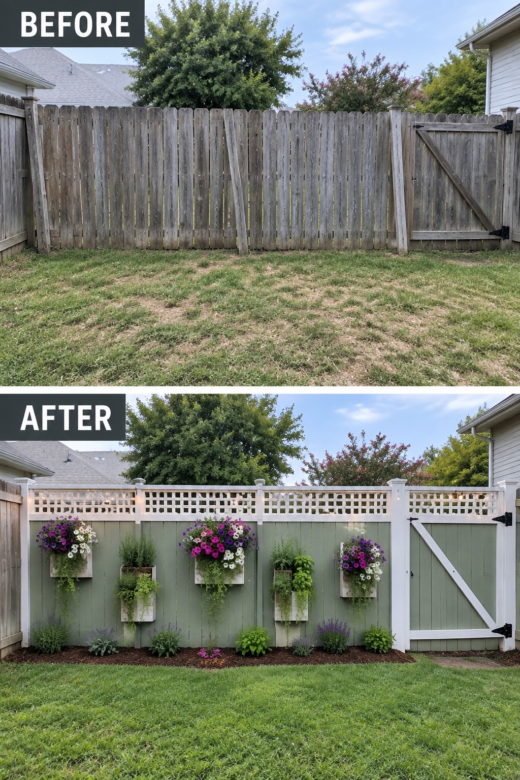 Before and after backyard fence: weathered wood to sage green with planters and lights