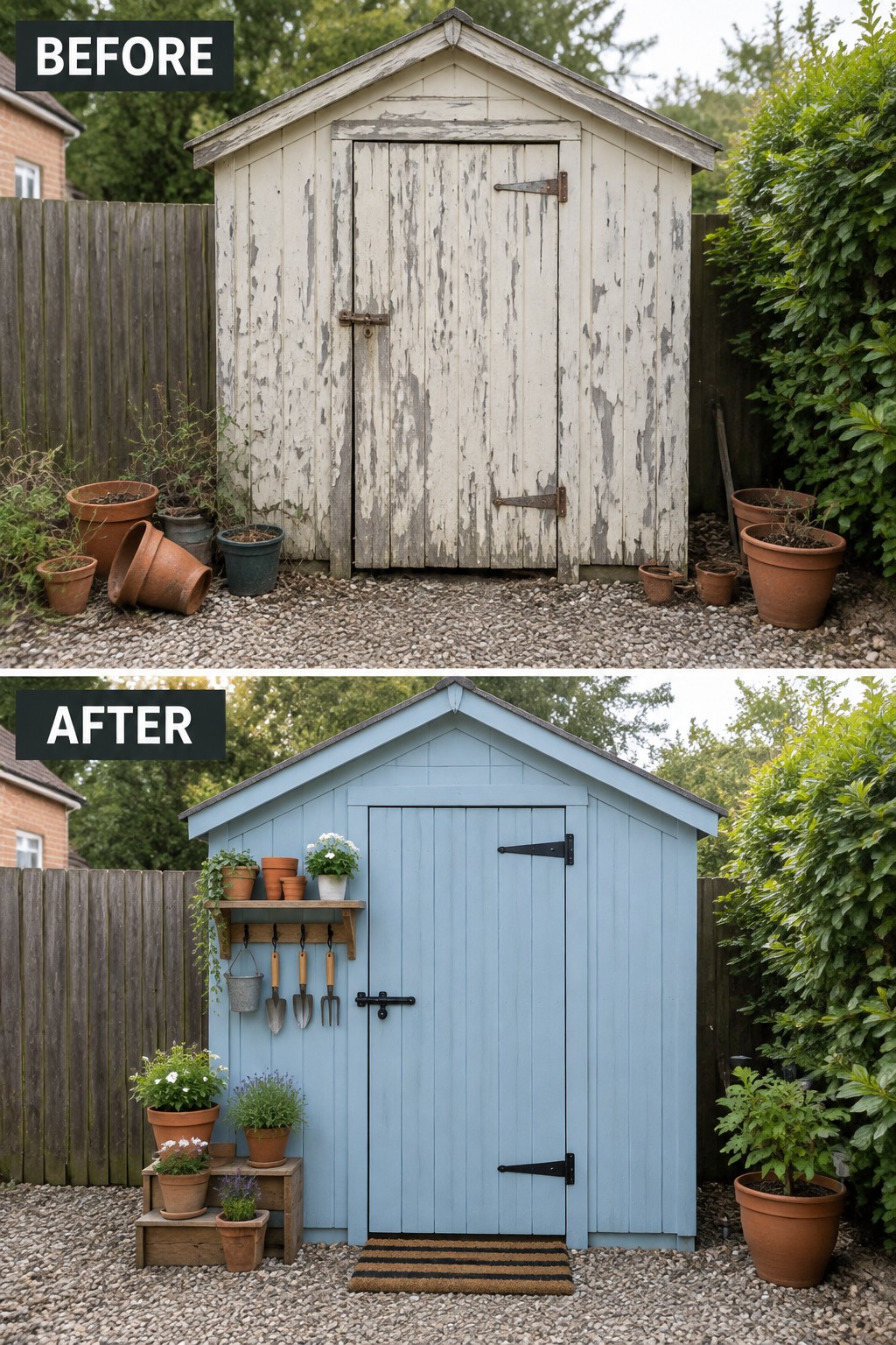 Before-and-after image of a weathered white garden shed updated with light blue paint, a wooden tool shelf, and neatly arranged potted plants.