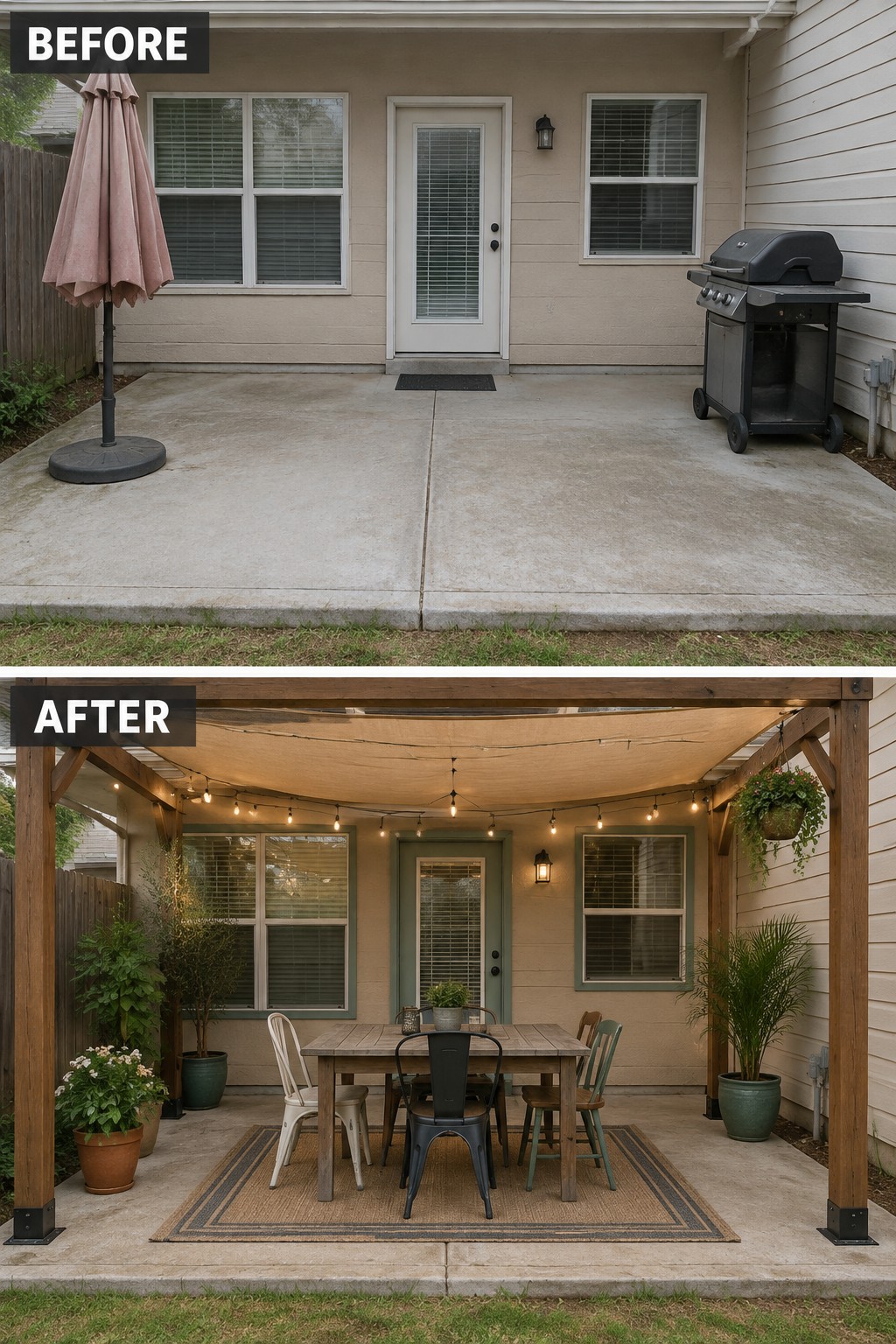 Before and after patio with pergola, string lights, dining set, rug and plants.