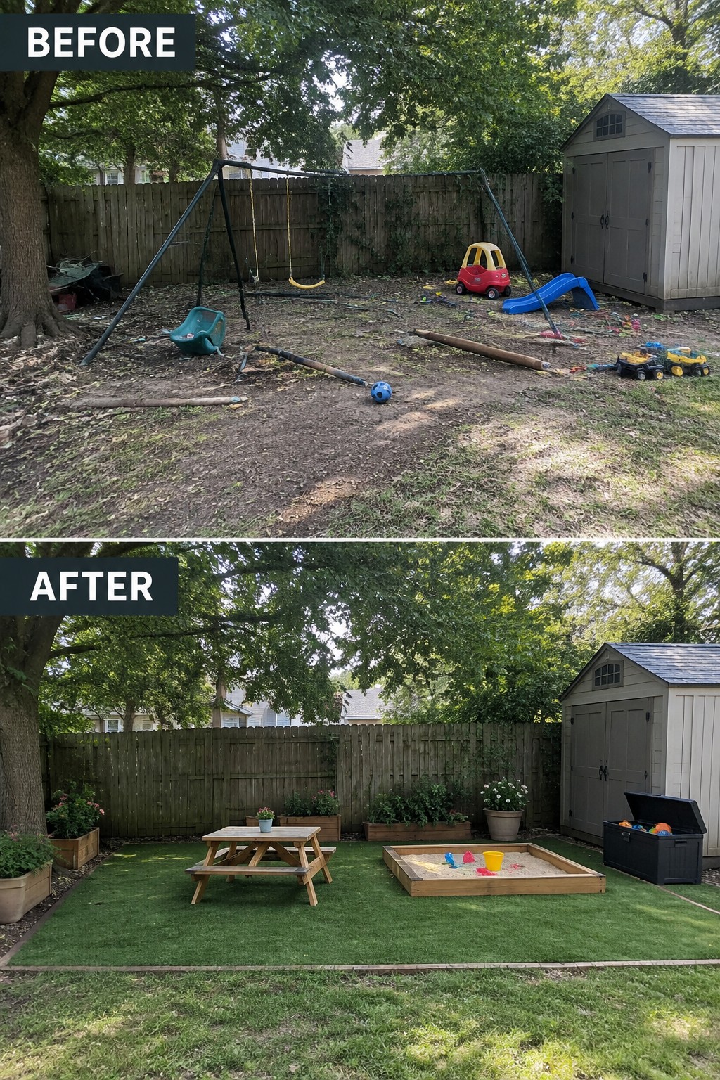 Before messy backyard with swing set and toys, after neat turf with picnic table and sandbox