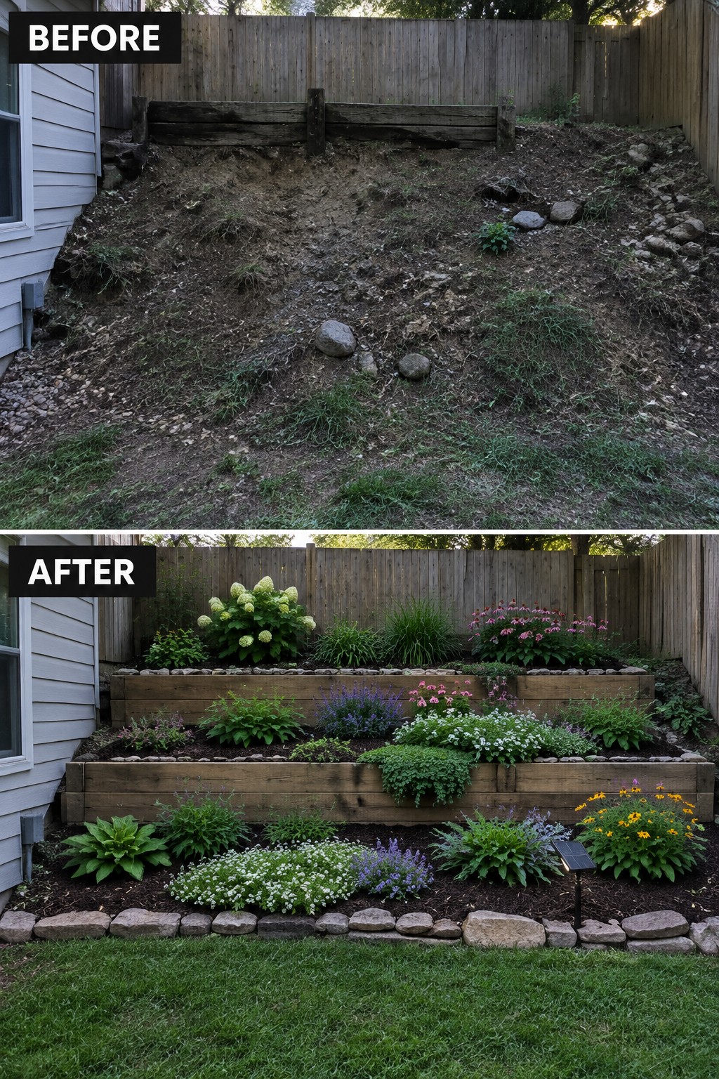 Before and after of bare slope transformed into colorful tiered wooden garden beds.