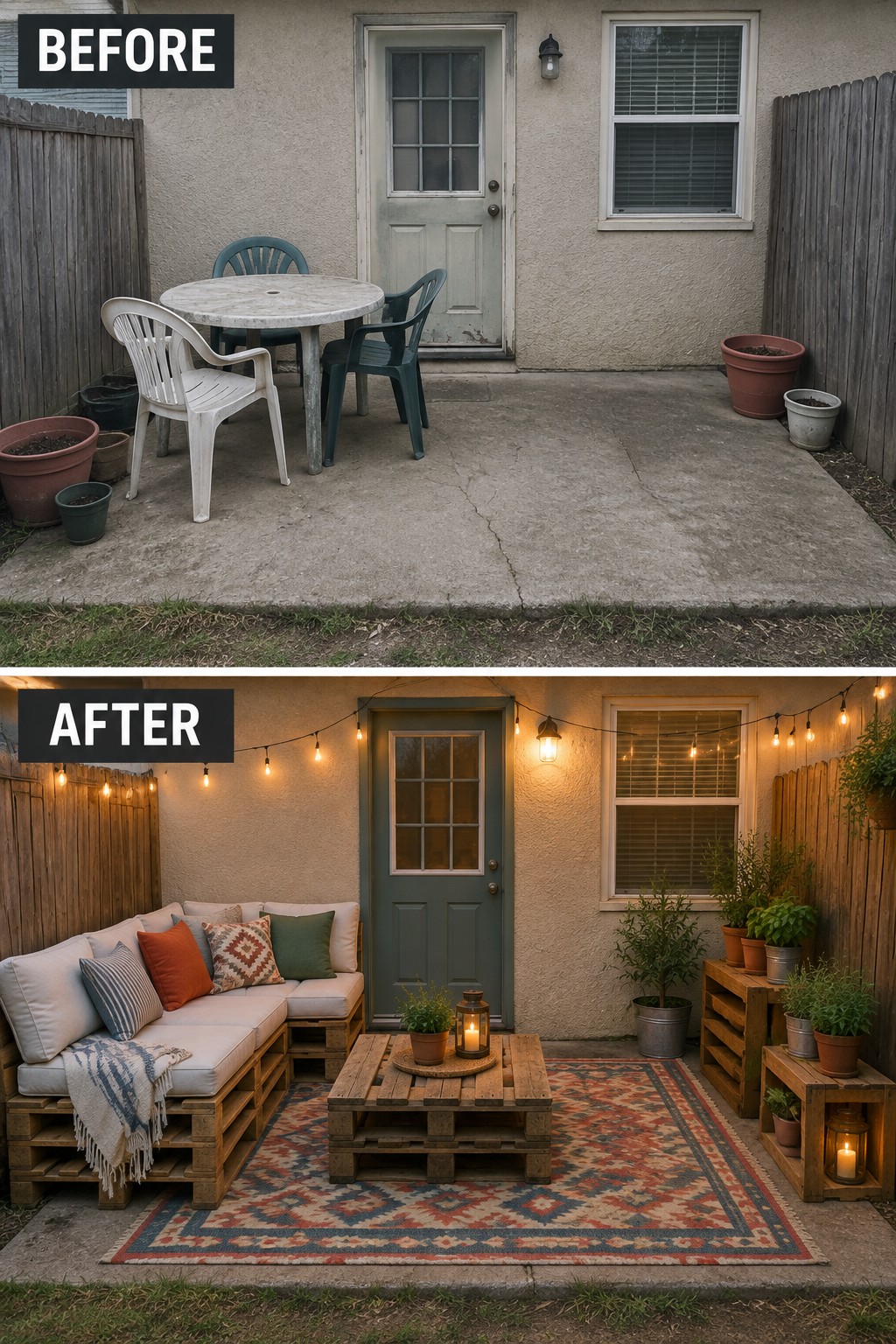 Before and after of patio makeover with pallet seating, rug, and string lights.