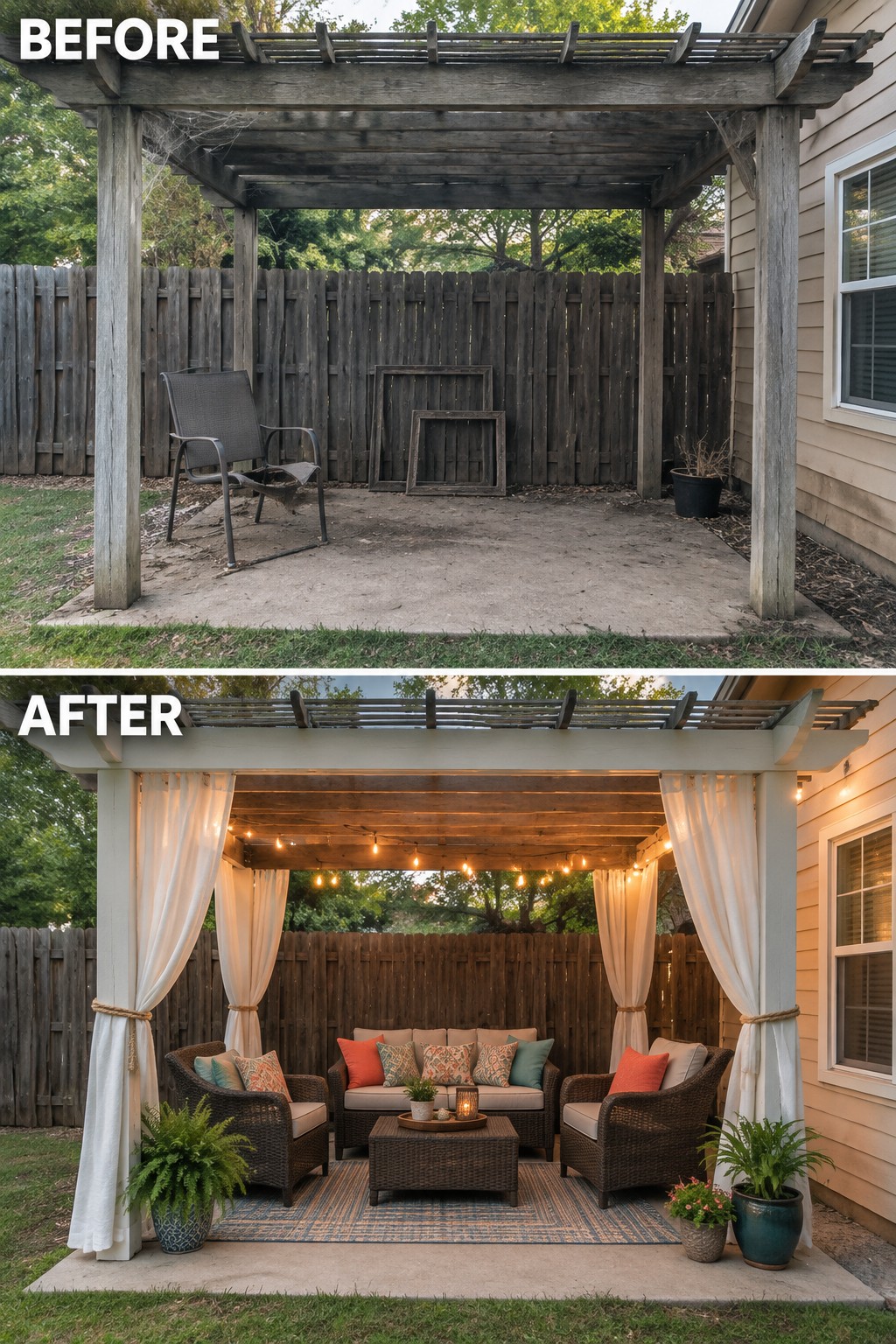 Before-and-after backyard pergola: rundown space transformed with curtains, lights, furniture, and plants.
