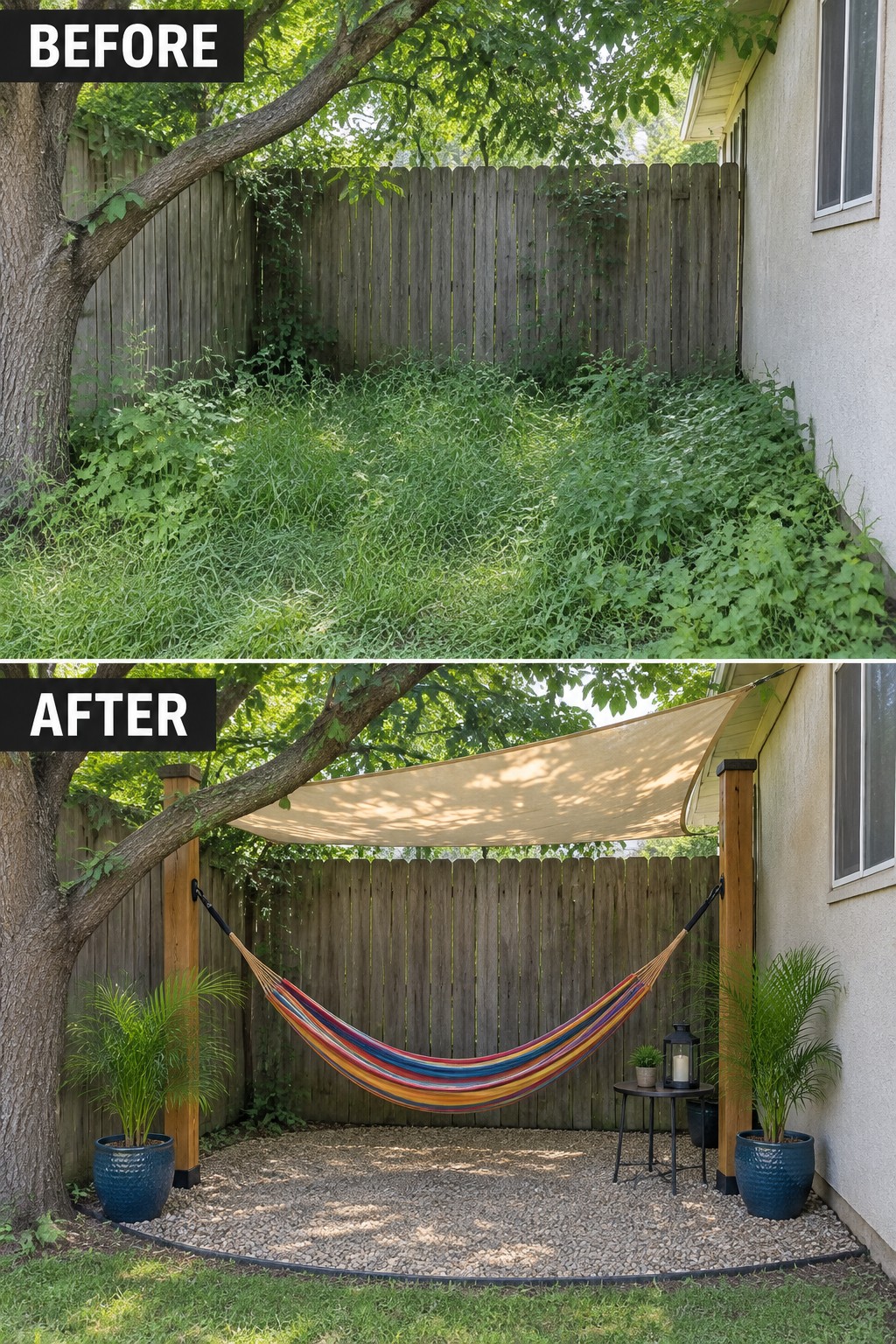 Before and after backyard transformation from overgrown weeds to hammock with shade sail