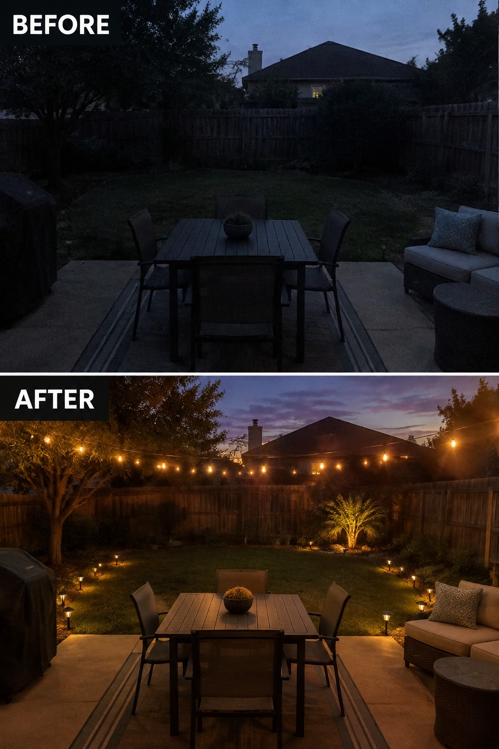 Split view of backyard patio before and after adding string lights and path lighting