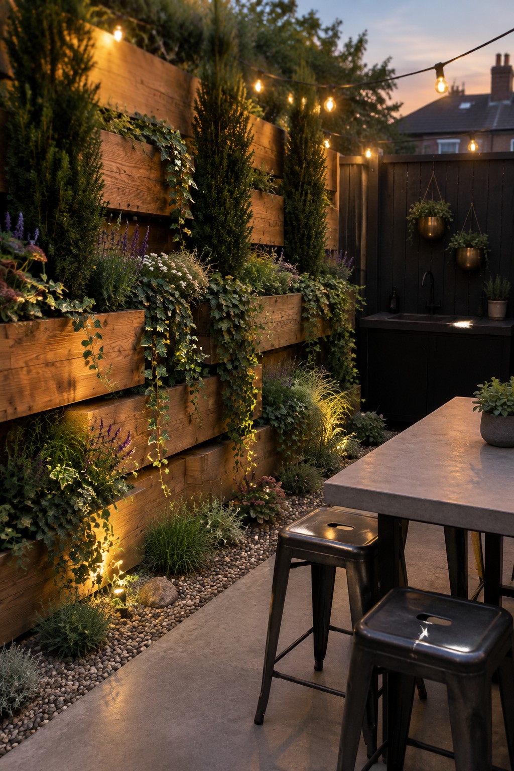 A backyard scene showing a multi-tiered wooden living wall with tall evergreen trees, trailing vines, and flowering plants, beside a concrete table with metal stools and hanging string lights.