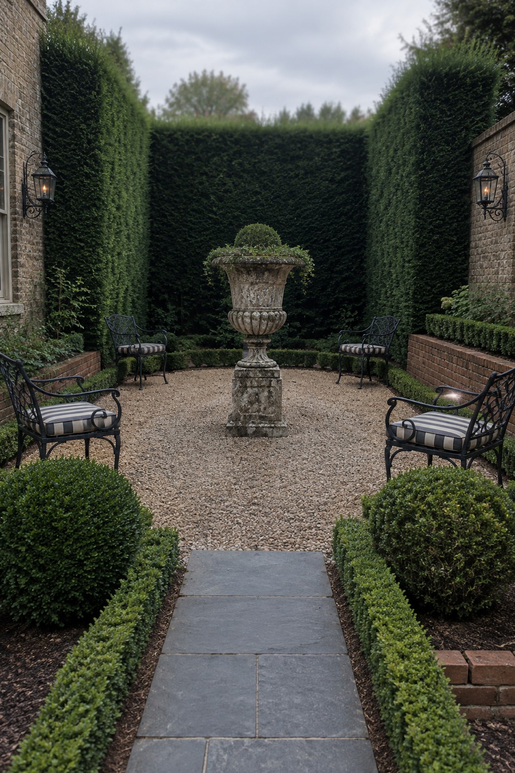 A gravel courtyard surrounded by tall dense hedges, centered on a large stone urn, with black metal chairs and a slate path leading in.