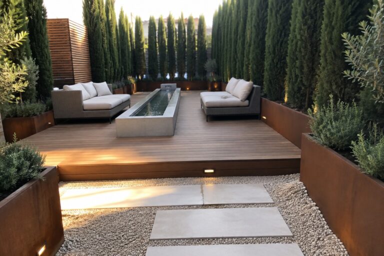 18 Smart Backyard Privacy Landscaping Ideas Using Tall Planting Backyard wooden deck with seating areas and a long water feature, bordered by tall evergreen trees and accessed by stone pavers set in gravel.