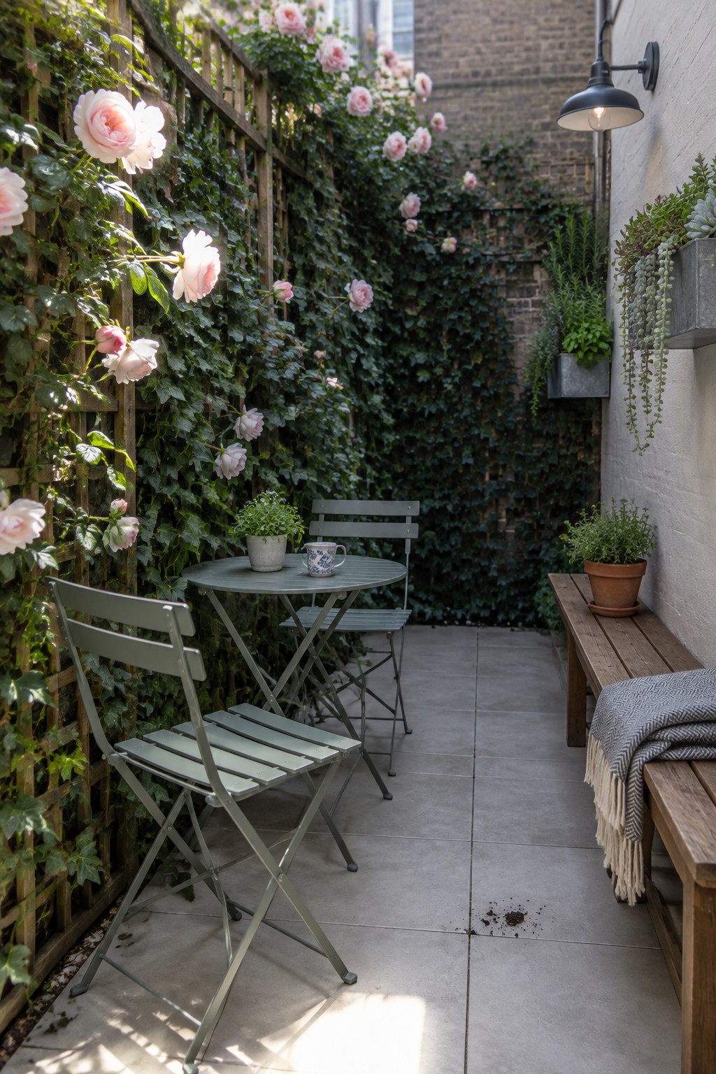 A narrow paved backyard patio with a round table and two chairs, surrounded by wooden fences covered in climbing pink roses and green vines, with a wooden bench on the right.