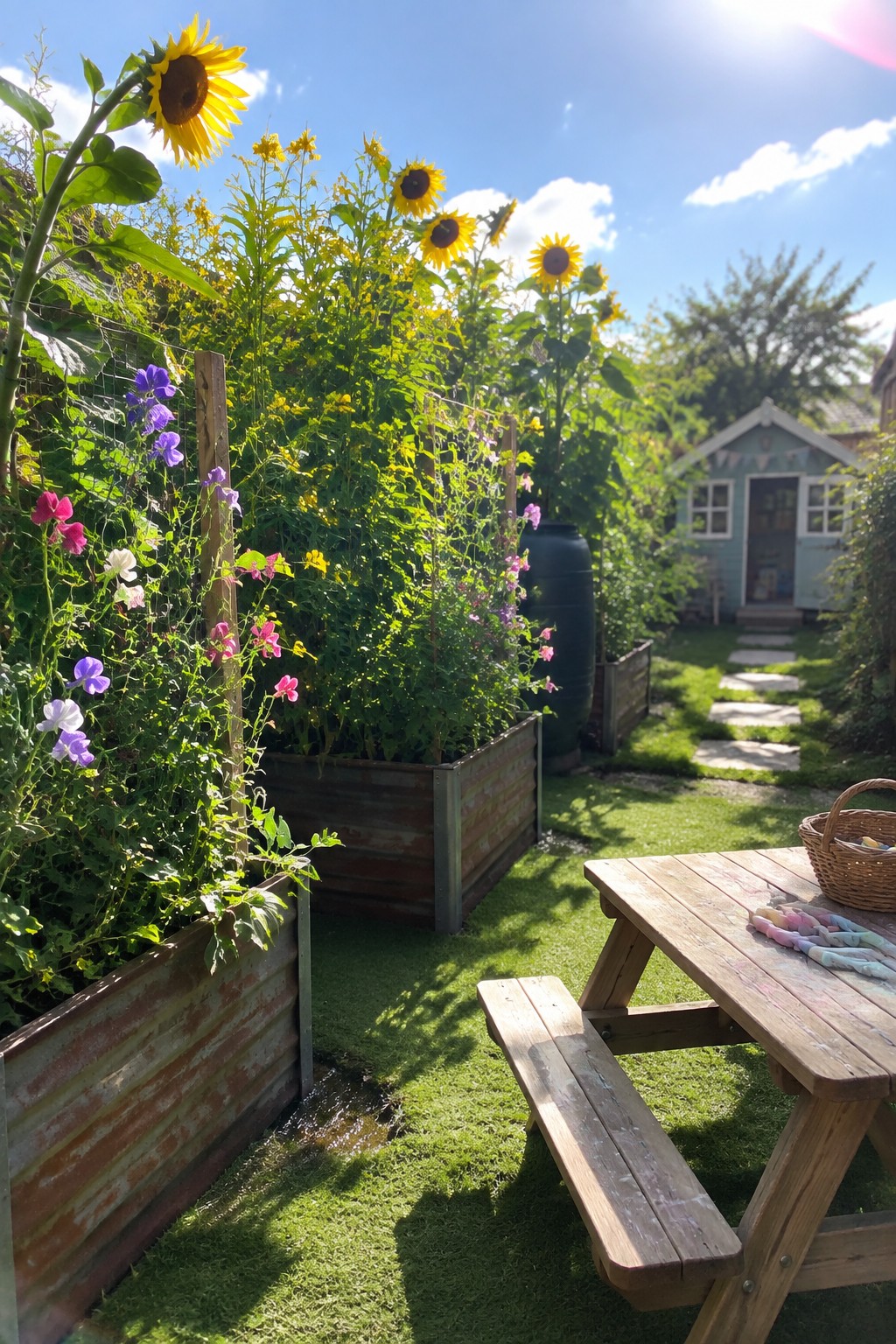 Backyard garden scene with raised wooden beds containing sunflowers and climbing flowers on wire trellises, a wooden picnic table in the foreground, and a small shed visible in the distance.