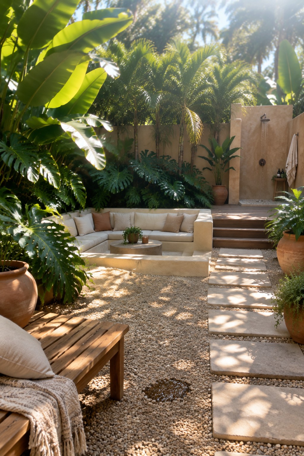 Backyard garden with curved built-in sofa, gravel path of stone pavers, outdoor shower on a raised deck, and dense tall tropical plants enclosing the space.