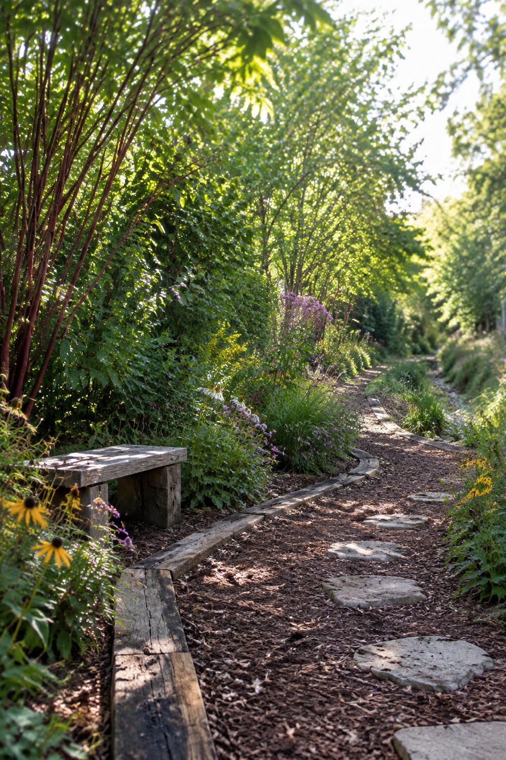 Wooden bench beside winding garden path with planks, stone steps, and lush flowers.