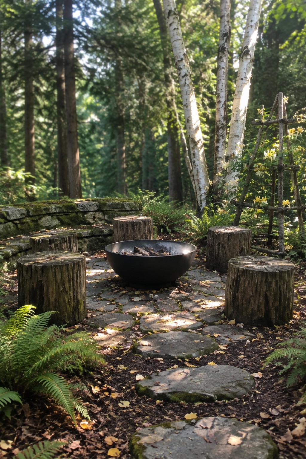 A black fire pit with tree stump seats sits on a stone path in a wooded clearing surrounded by tall birch trees and ferns.