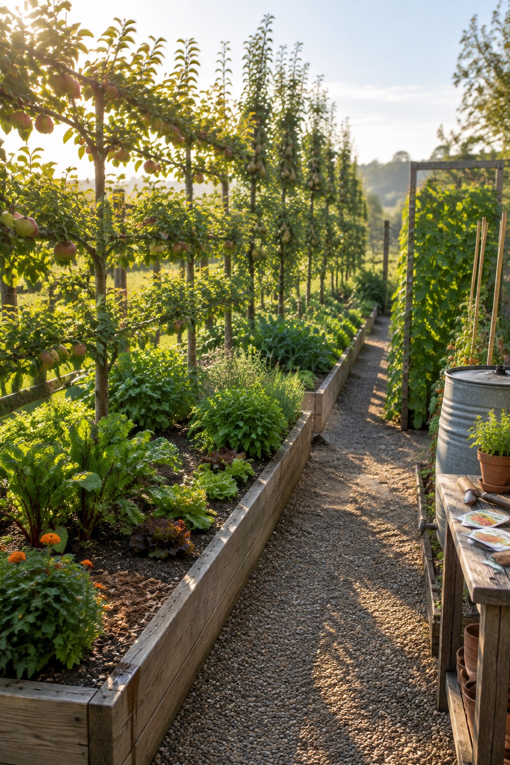 Lush garden with raised beds, apple trees, gravel path, and wooden workbench