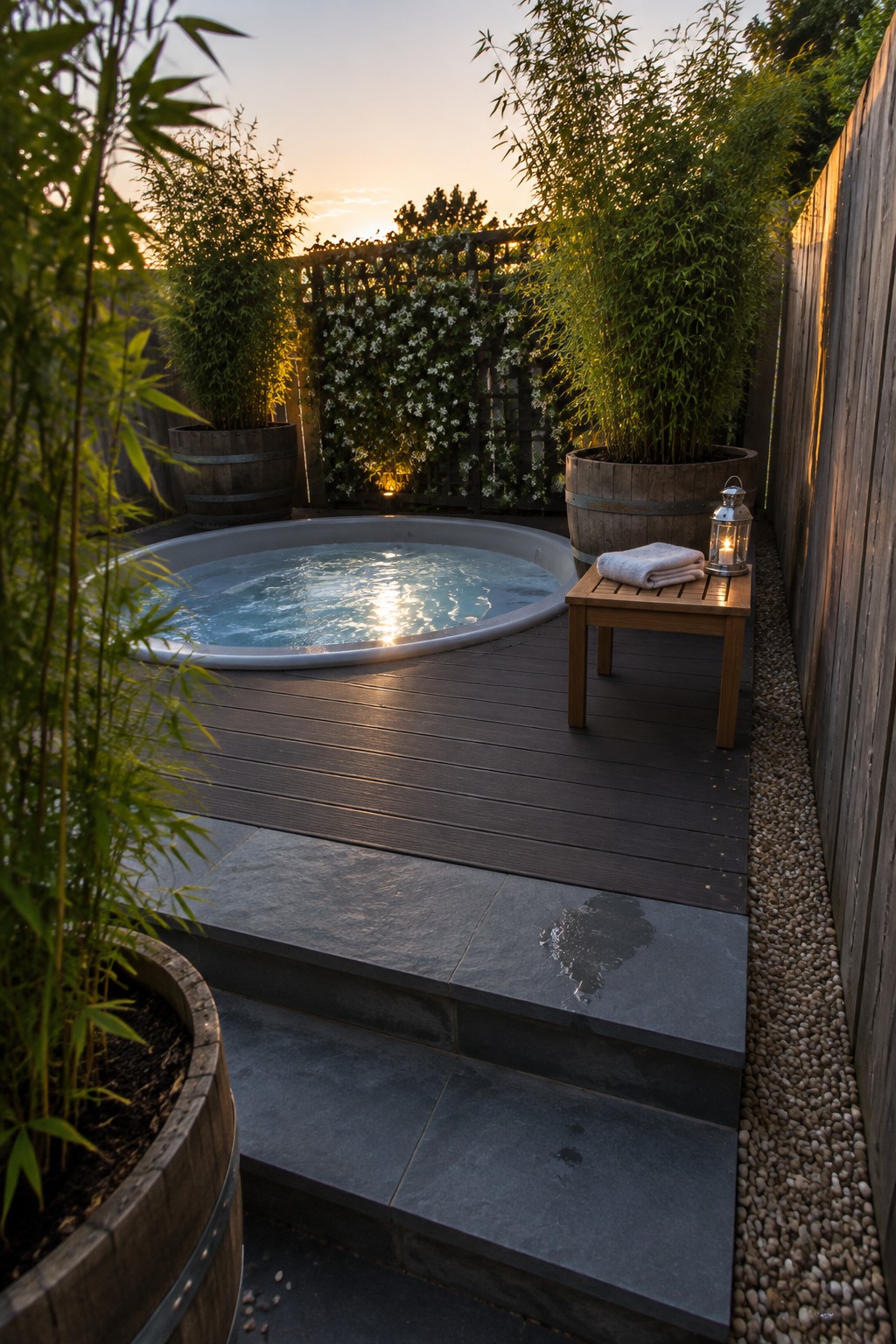 Round hot tub on wooden deck with bamboo plants, bench, lantern at sunset