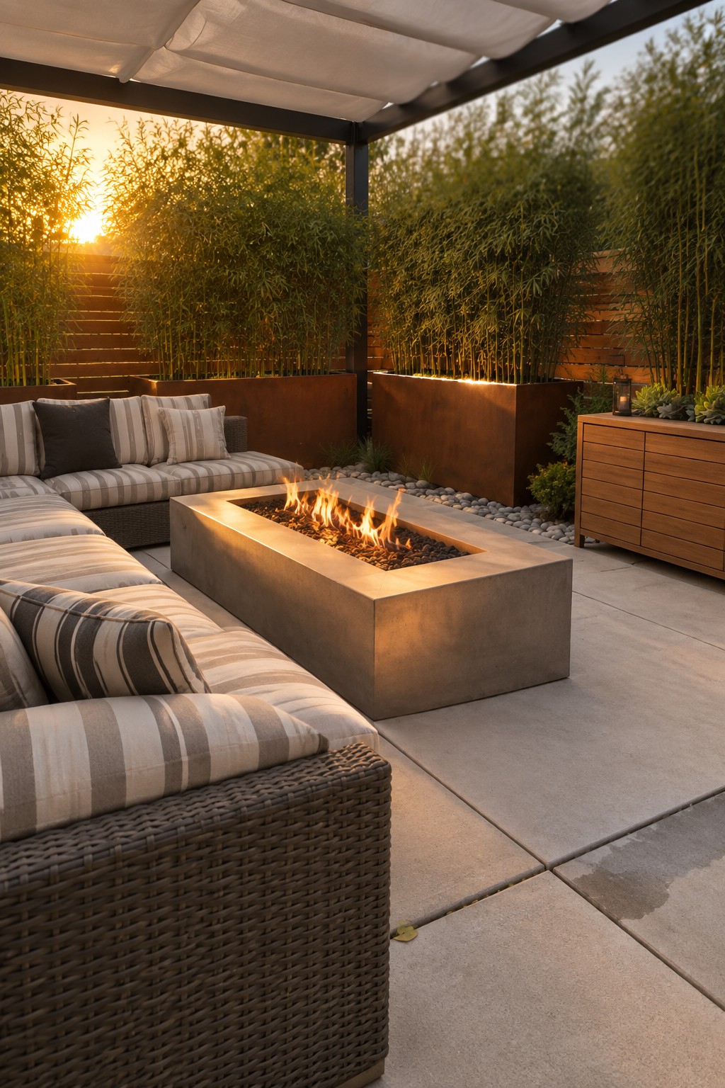 An outdoor patio with a rectangular concrete fire pit, striped cushions on dark wicker seating, and tall bamboo plants forming a privacy screen behind the area at sunset.
