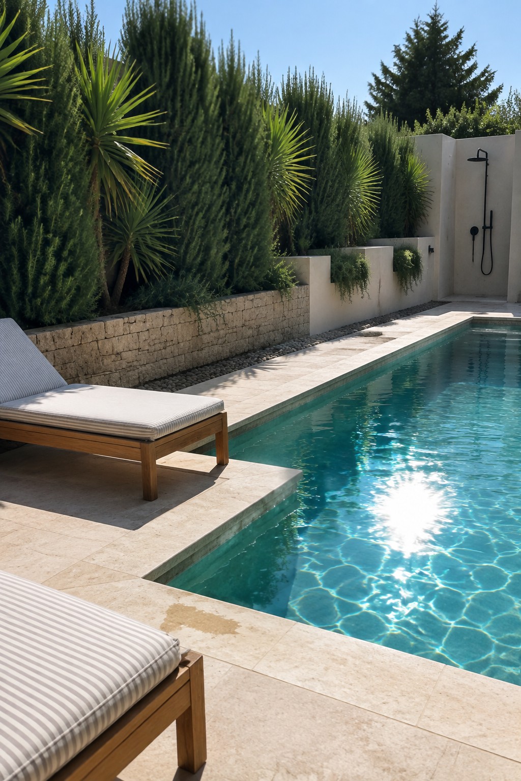 Lounge chairs beside sunlit pool with stone deck and lush green plants