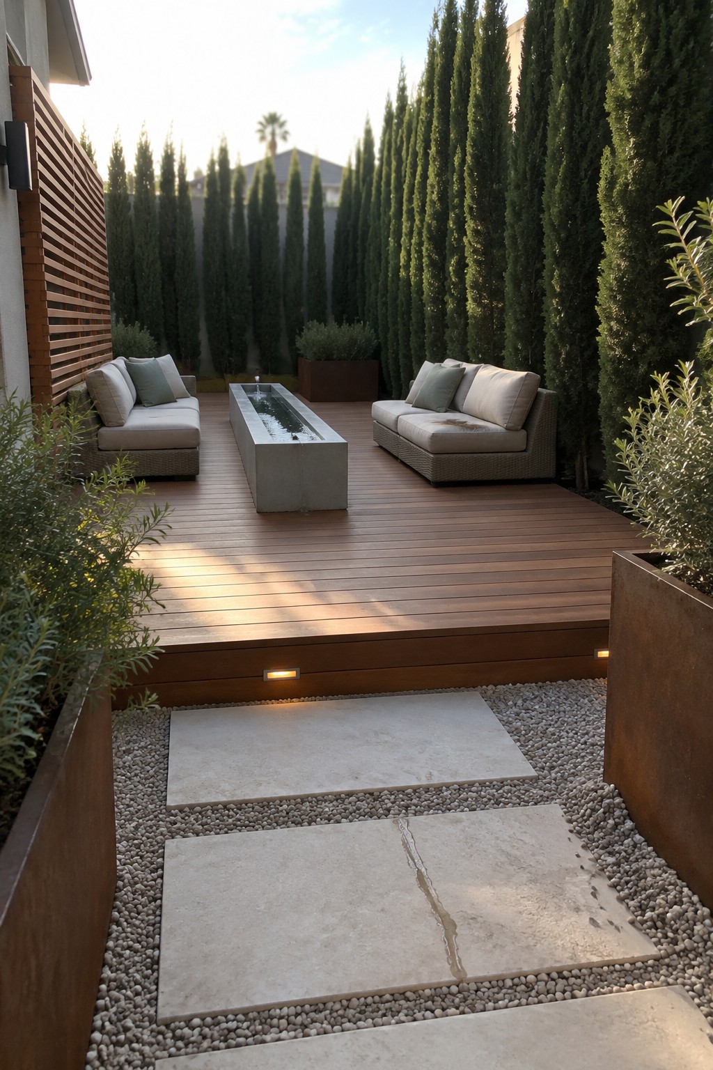 Backyard wooden deck with seating areas and a long water feature, bordered by tall evergreen trees and accessed by stone pavers set in gravel.