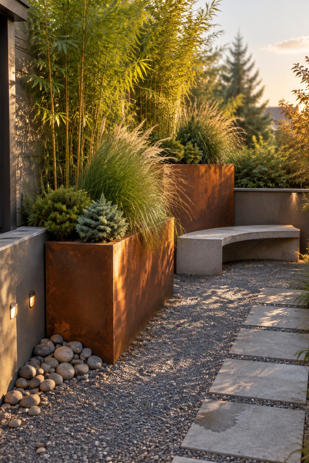 Rusted steel planters with plants beside curved concrete bench on gravel with pavers.