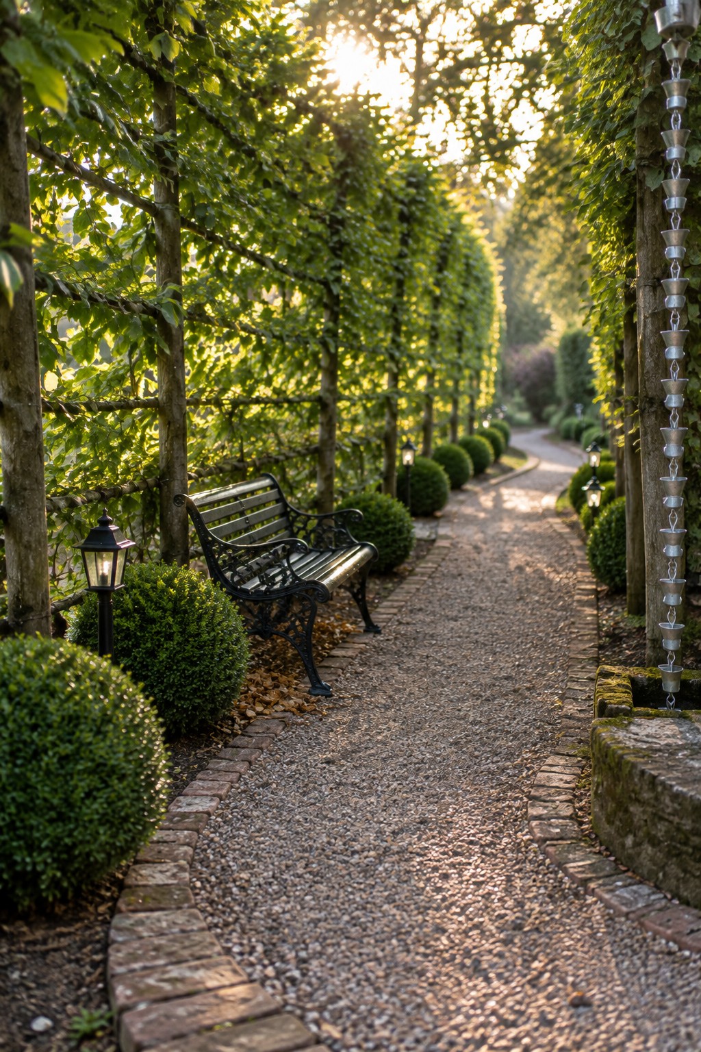 A gravel path lined with tall hedges and trees, featuring a black bench on the left side under dappled sunlight.