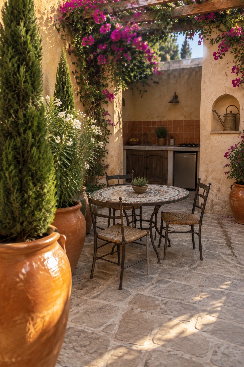 Rustic stone courtyard with mosaic table, woven chairs, terracotta pots, and pink bougainvillea.