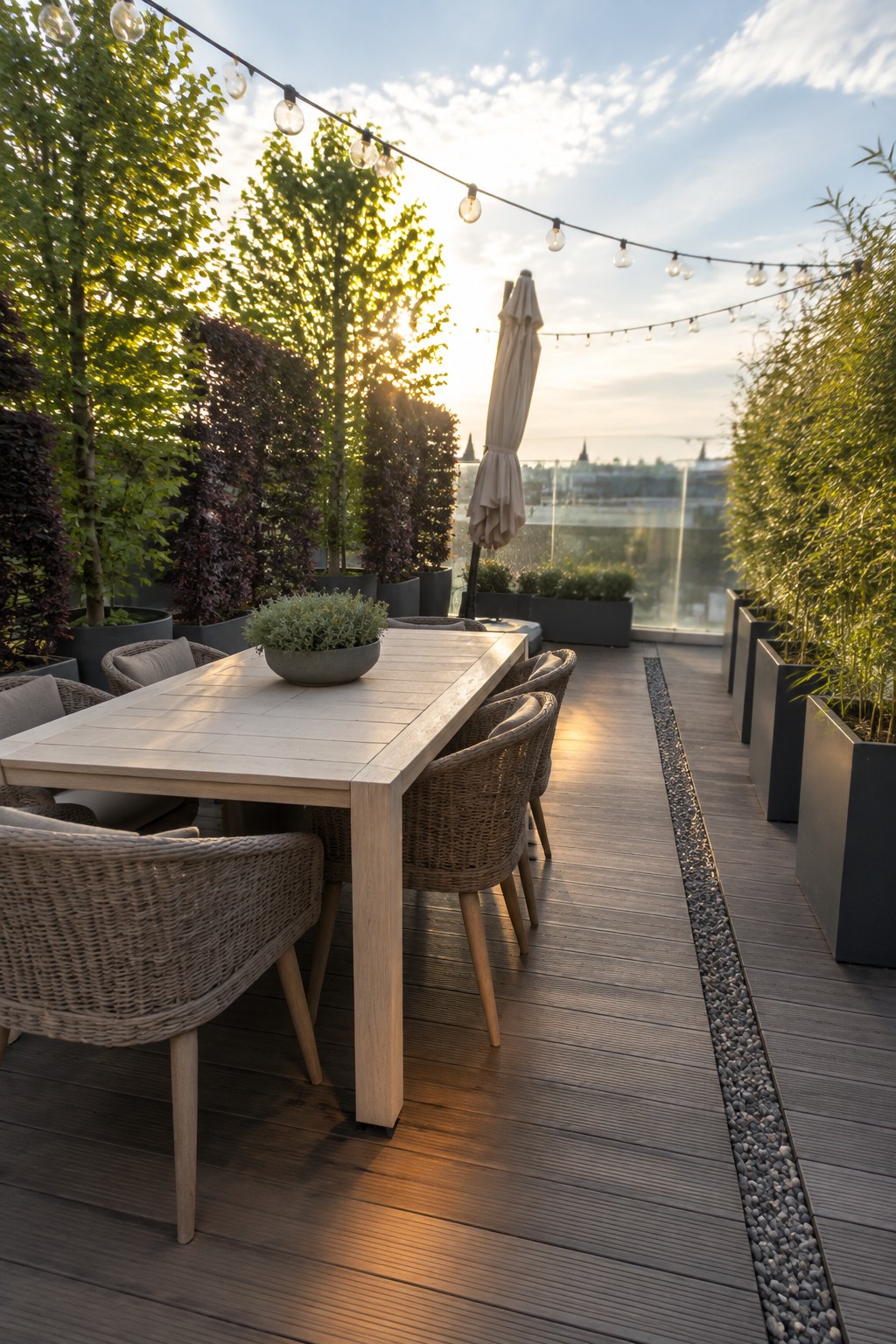 A rooftop deck with a wooden dining table and woven chairs bordered by large gray planters holding tall green and dark red trees.