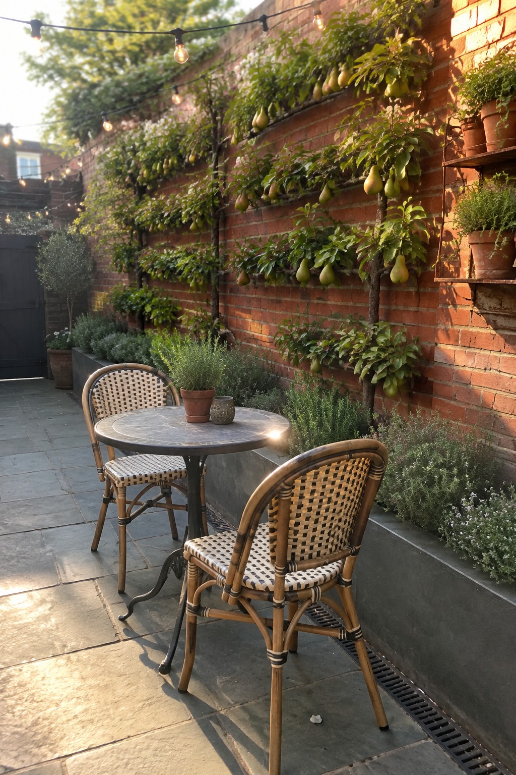 A patio with a round table and two woven chairs in front of a brick wall covered in espaliered pear trees and other plants.