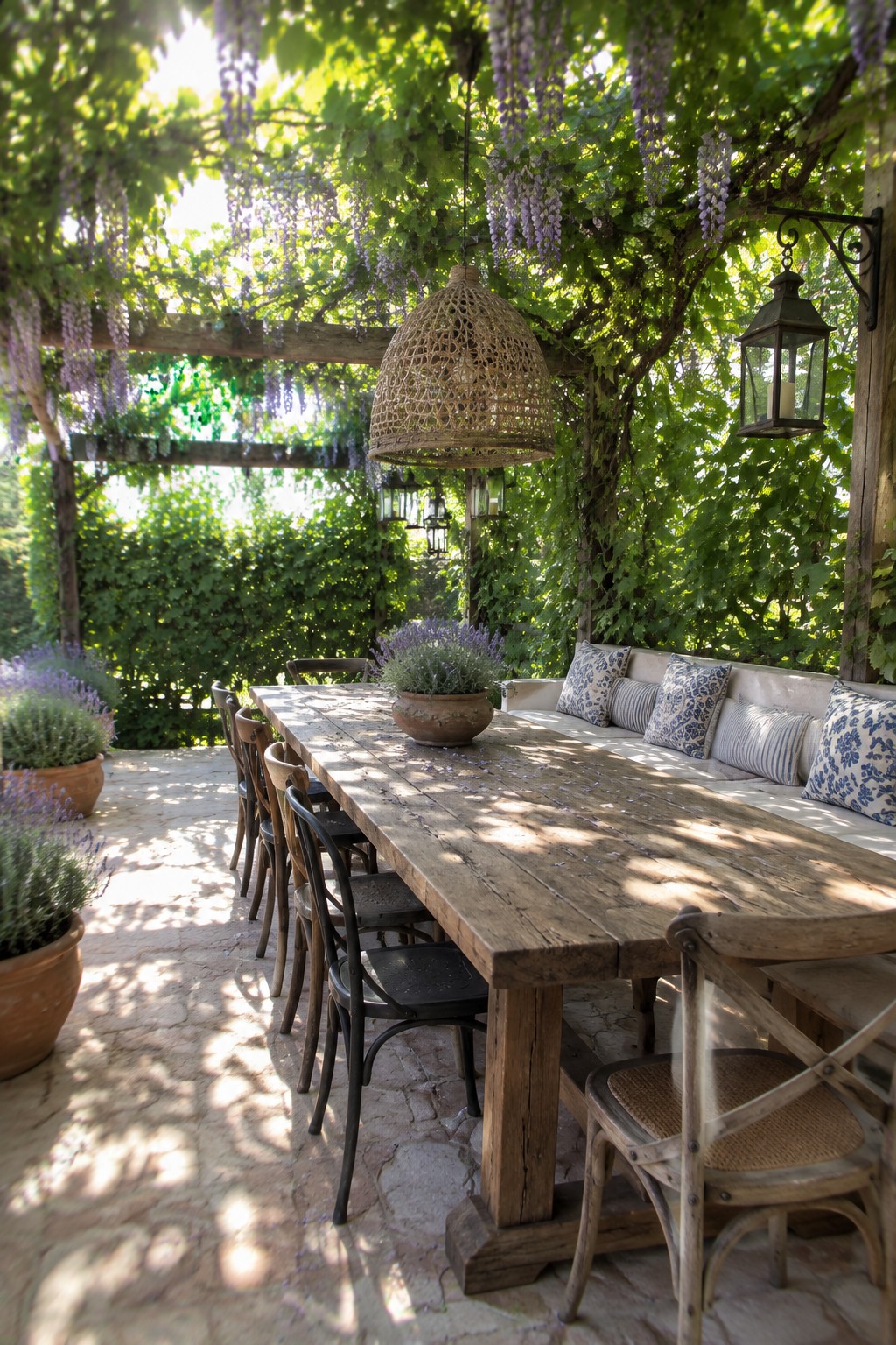 Rustic wooden table under wisteria pergola with lavender pots and mixed chairs