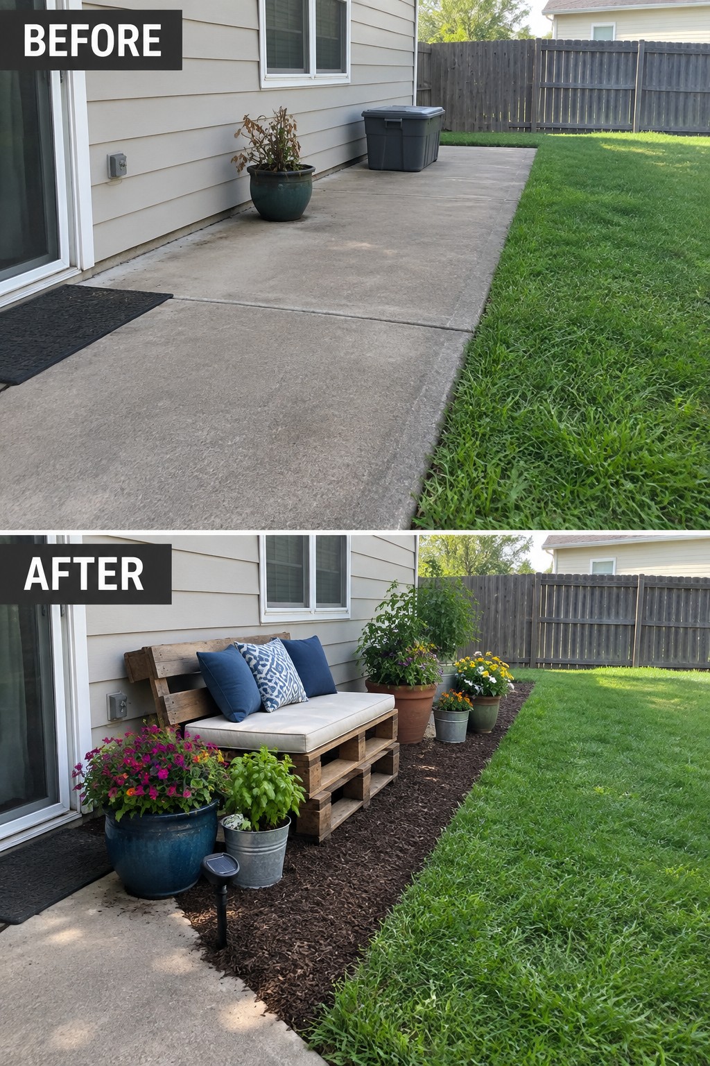 Before and after patio makeover with pallet bench, cushions, and potted flowers