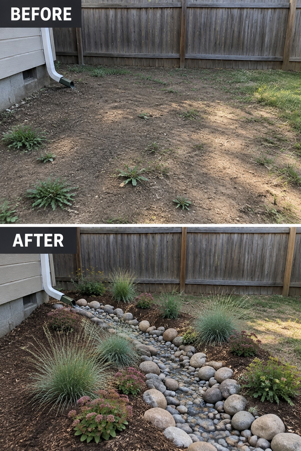 Before and after backyard makeover with rock creek bed and lush plants