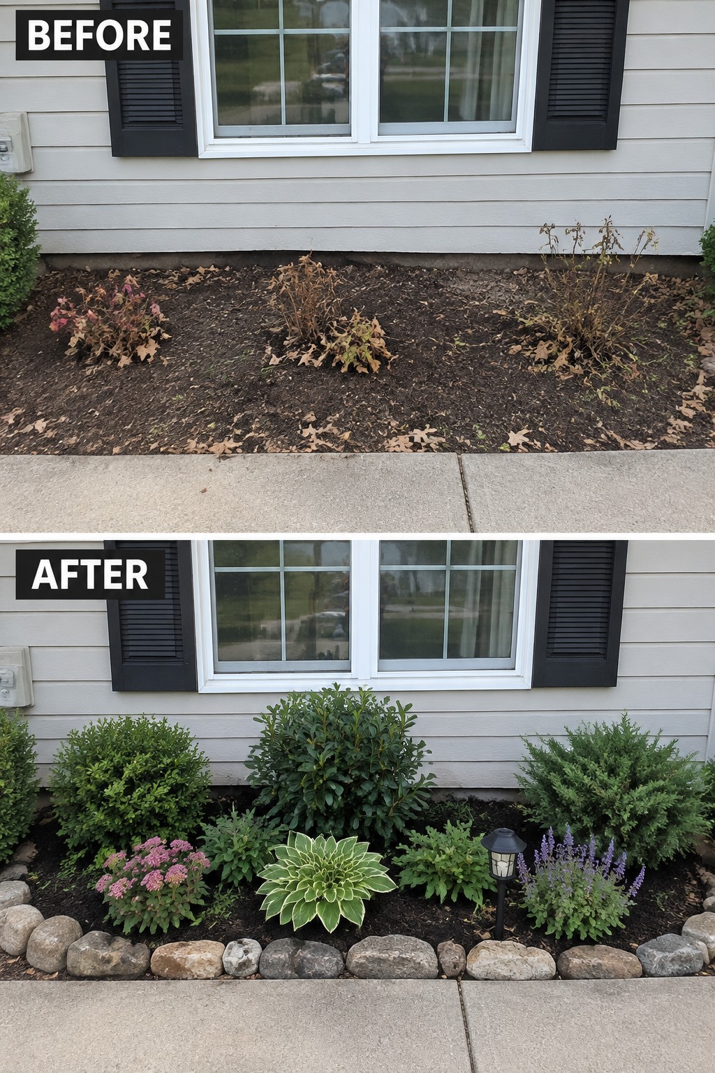 Before and after view of a window flower bed with dead vs. lush plants.