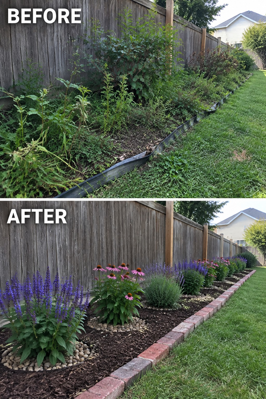 Before-and-after image of an overgrown backyard border changed into defined garden beds with flowers, mulch, and brick edging.