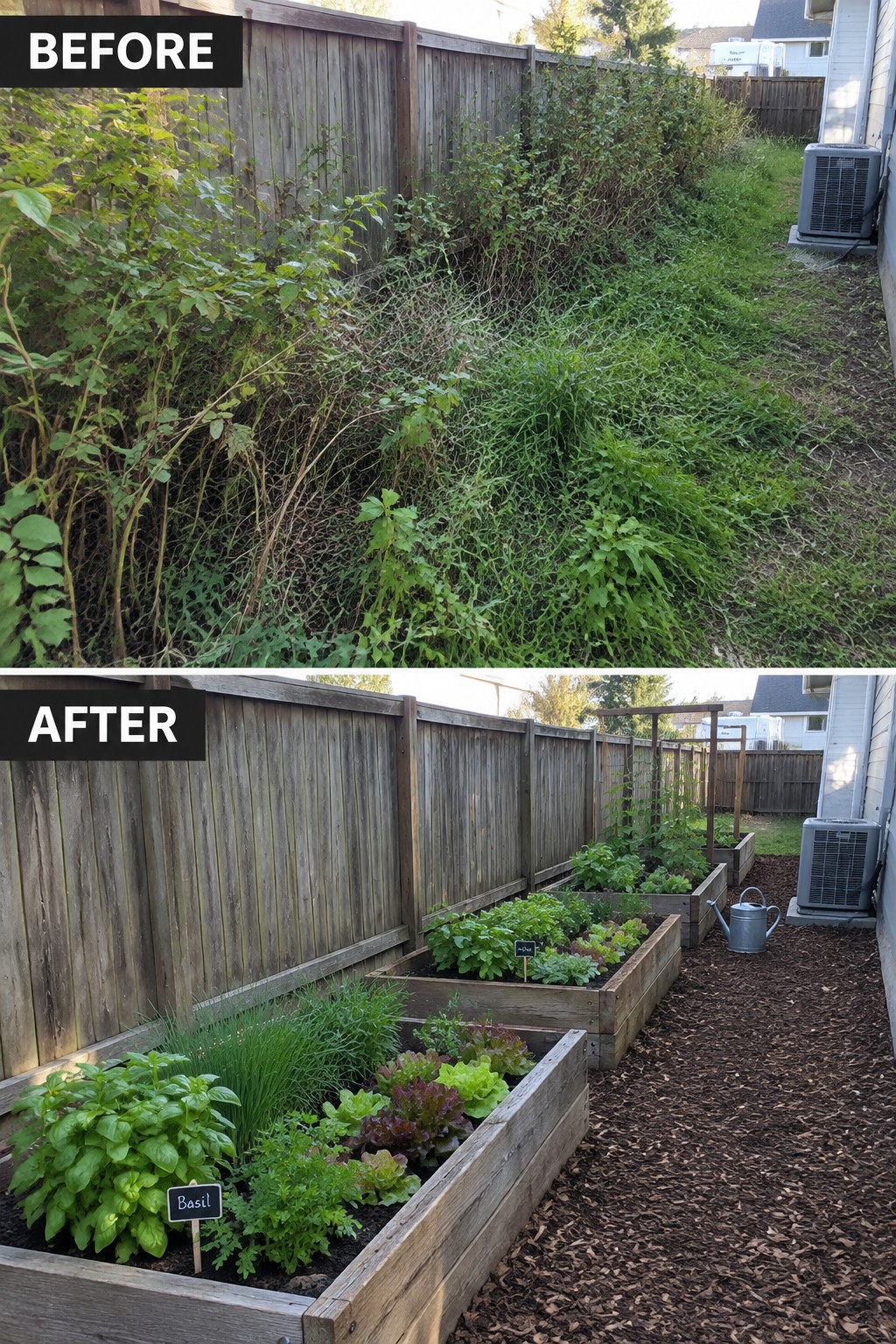 Before and after of overgrown weeds transformed into neat raised garden beds.