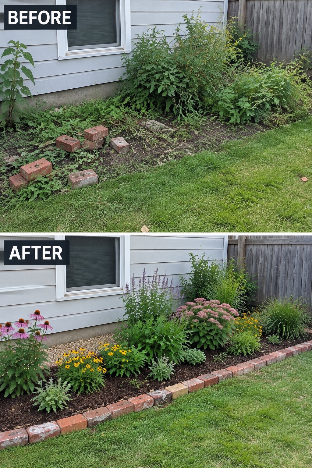 Before and after garden bed: overgrown weeds transformed into colorful flowers with brick edging.