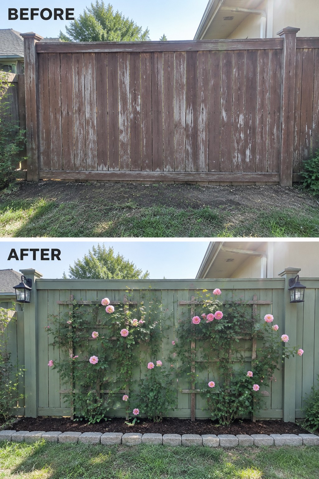 Before-and-after image of a weathered wooden fence transformed with sage green paint, wooden trellises, pink climbing roses, mulch, and stone edging.