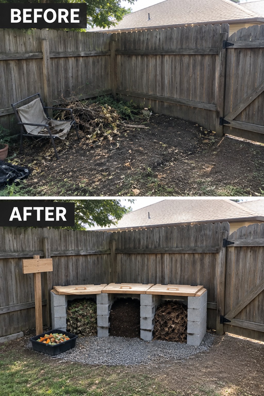 Before messy yard and after three wooden-lidded cinder-block compost bins on gravel.