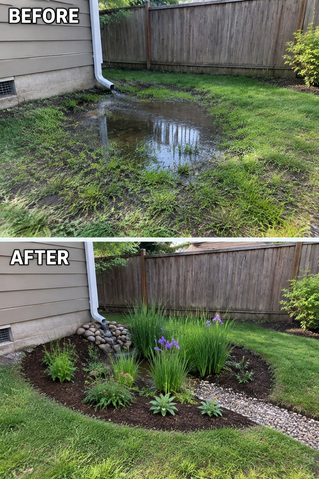 Before-and-after of flooded yard transformed into landscaped garden with rocks and flowers.