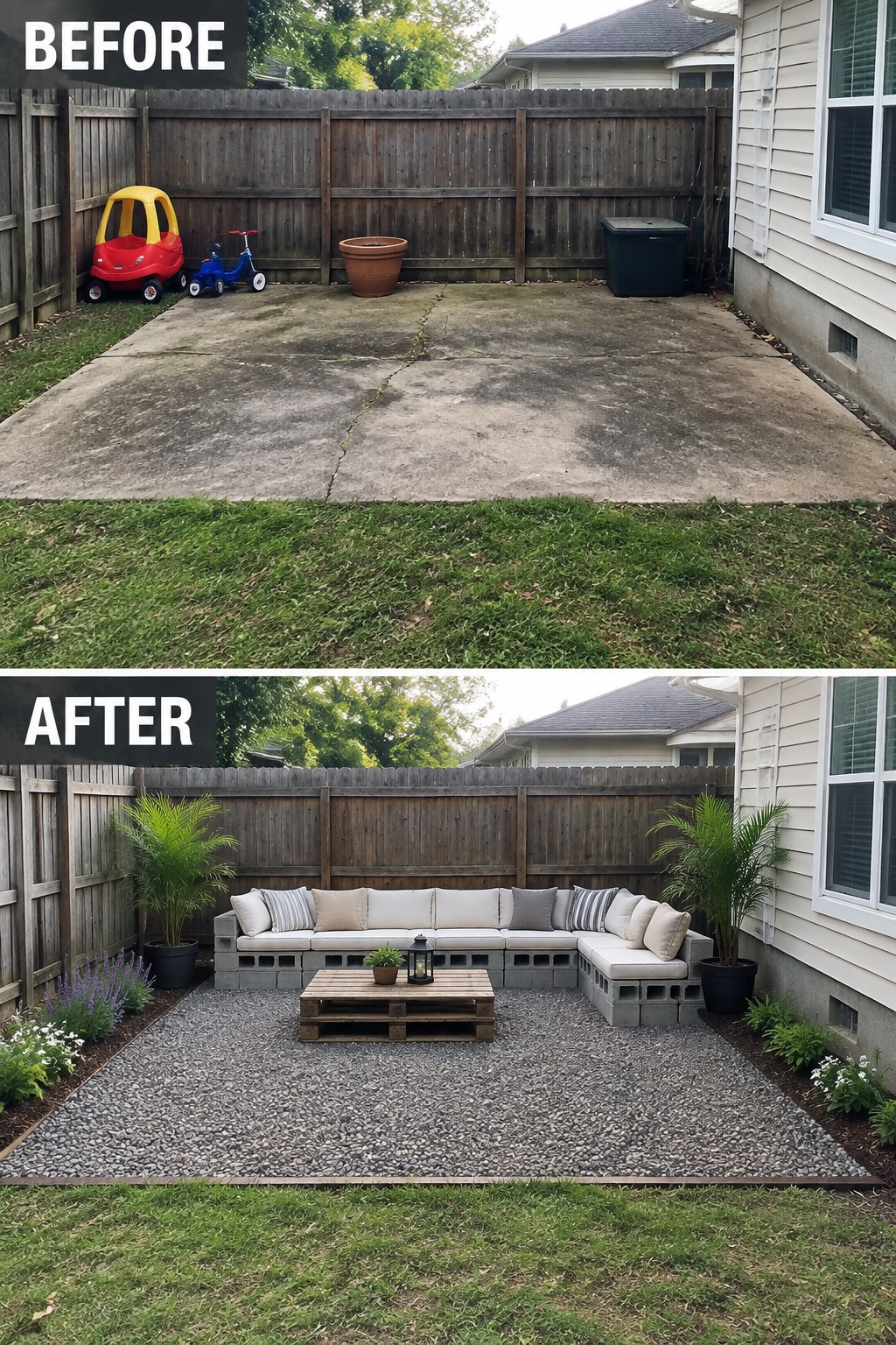 Before and after backyard patio transformed from cracked concrete to gravel with seating.