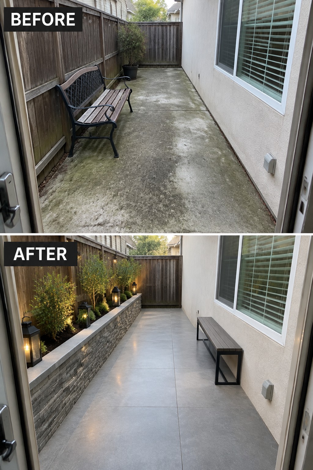 Before and after of patio with bench, stone planter, plants, and lanterns.