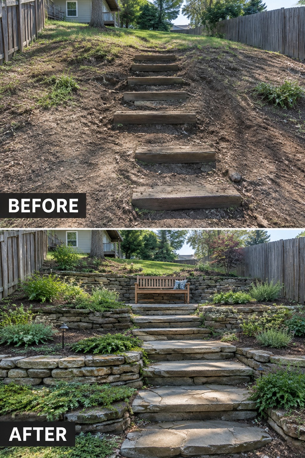 Before and after of hillside with wooden steps upgraded to stone walls, stairs, and bench.