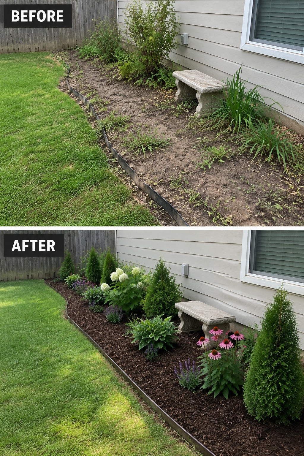 Before-and-after image of an overgrown dirt strip along a house wall changed into mulched garden beds with edging, shrubs, and flowers.