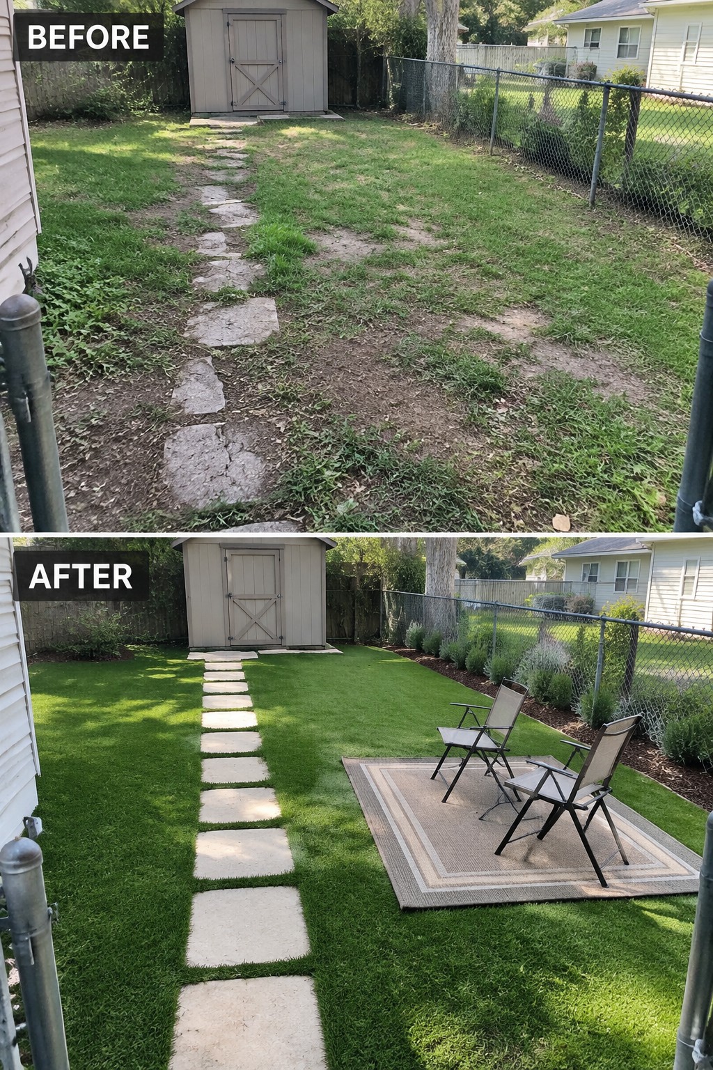 Before-and-after image of an overgrown backyard with a dirt path changed into a neat lawn with a straight stone walkway, planted borders, and an outdoor seating area with a rug and two chairs.