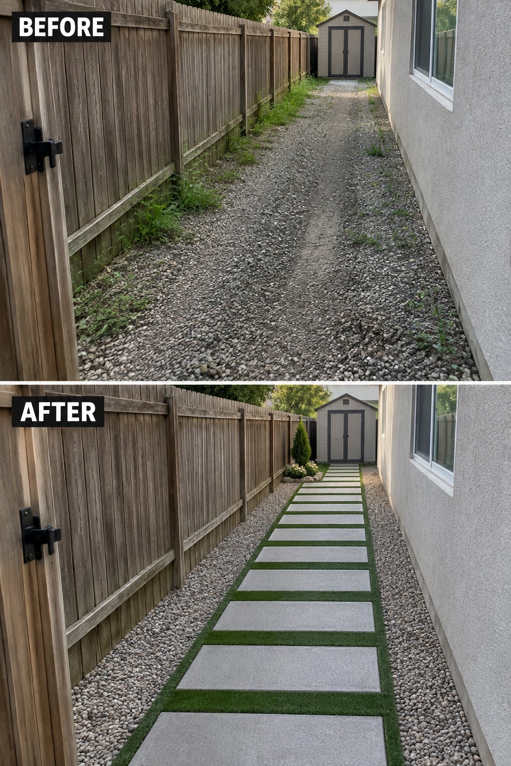 Before and after of gravel path transformed into stone paver walkway with turf borders.