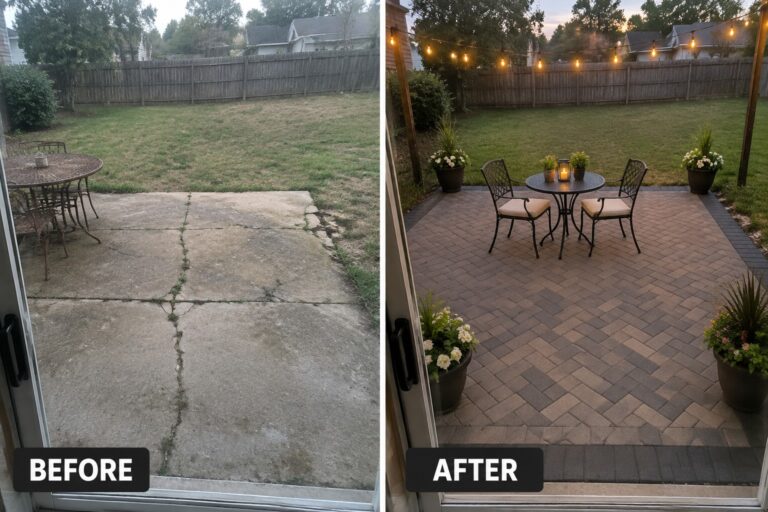 Before-and-after backyard patio: cracked concrete above, brick pavers with table and lights below.